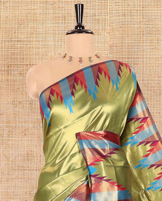 Gleaming Green Plain Khadi Tissue Silk Saree Featuring a Contrast Tissue Temple Border, Grand Pallu of Zari Jaal Design, and Paired with a Contrast Blouse of Zari Buttas