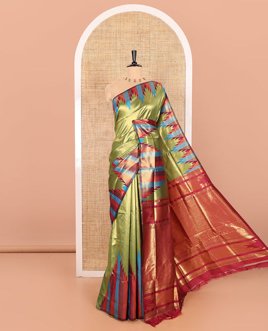 Gleaming Green Plain Khadi Tissue Silk Saree Featuring a Contrast Tissue Temple Border, Grand Pallu of Zari Jaal Design, and Paired with a Contrast Blouse of Zari Buttas