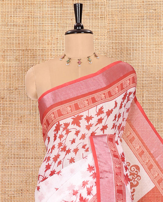 White and Red Linen Cotton Saree Featuring Field Maple Leaf Motifs Printed All Over the Body, Complemented by a Contrast Zari and Peacock-Printed Border, Pallu of Geometric Print, and Paired with a Contrast Checked Blouse