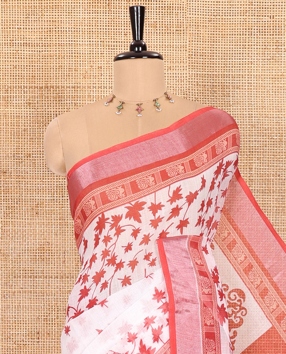 White and Red Linen Cotton Saree Featuring Field Maple Leaf Motifs Printed All Over the Body, Complemented by a Contrast Zari and Peacock-Printed Border, Pallu of Geometric Print, and Paired with a Contrast Checked Blouse