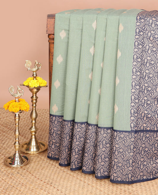 Green thread weaving butta silk cotton saree with contrast traditional weaving border & rich pallu along with plain blouse