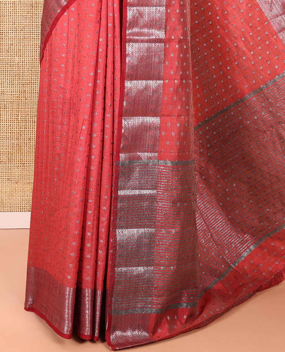 Maroon Semi Tussar Saree Elevated with Zari Buttas All Over the Body, a Hazily Woven Border of Traditional Designs, Pallu Steeped with Zari Buttas and Zari Stripes, and Paired with a Matching Blouse