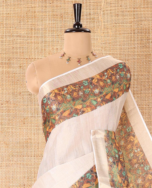 Cream Plain Tissue Saree Bedecked with Contrasting Kerala Mural Painting-Style Lord Krishna-Theme Printed Border, Painting-Style Printed Pallu, and a Contrast Plain Blouse