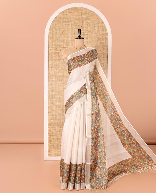 Cream Plain Tissue Saree Bedecked with Contrasting Kerala Mural Painting-Style Lord Krishna-Theme Printed Border, Painting-Style Printed Pallu, and a Contrast Plain Blouse