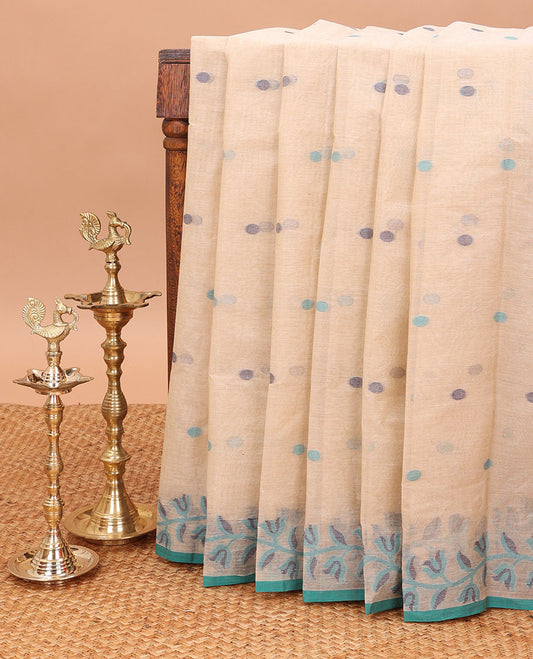 Light beige thread buttas bengal cotton saree with resham border & chit pallu along with  linen digital shafread blouse