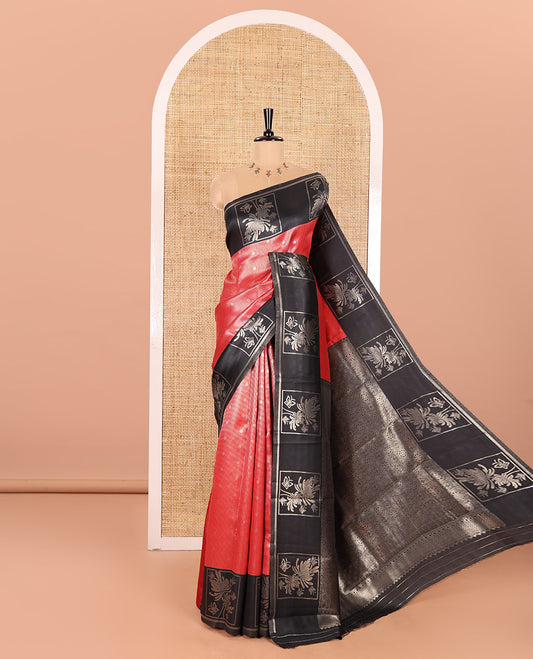 Red Kanchi Silk Saree Accentuated with Zari Stripes and Polka Dot Buttas All Over Its Body, Complemented by Contrast Border of Butterfly Zari Motifs, Pallu Enriched with Chakram Motifs, and Paired with a Contrast Blouse