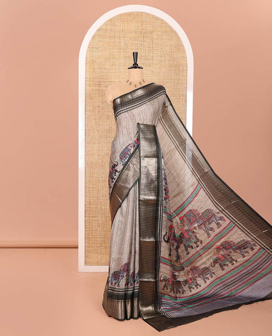 Grey and Green Dola Silk Saree Subtly Designed with Checks and Elephant Motifs Print, Complemented by a Contrast Traditional Zari Design Border, Pallu Depicting Elephant Motifs Print, and Paired with a Contrast Blouse