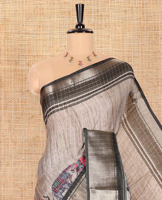 Grey and Green Dola Silk Saree Subtly Designed with Checks and Elephant Motifs Print, Complemented by a Contrast Traditional Zari Design Border, Pallu Depicting Elephant Motifs Print, and Paired with a Contrast Blouse