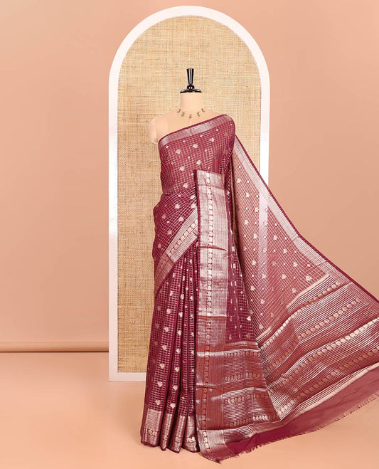 Purple Georgette Saree, Elevated with Peacock Buttas and Zari Checks All Over Its Body, Highlighted by a Traditional Zari Border, Grandly Zari-Decked Pallu, and Paired with a Matching Brocade Blouse
