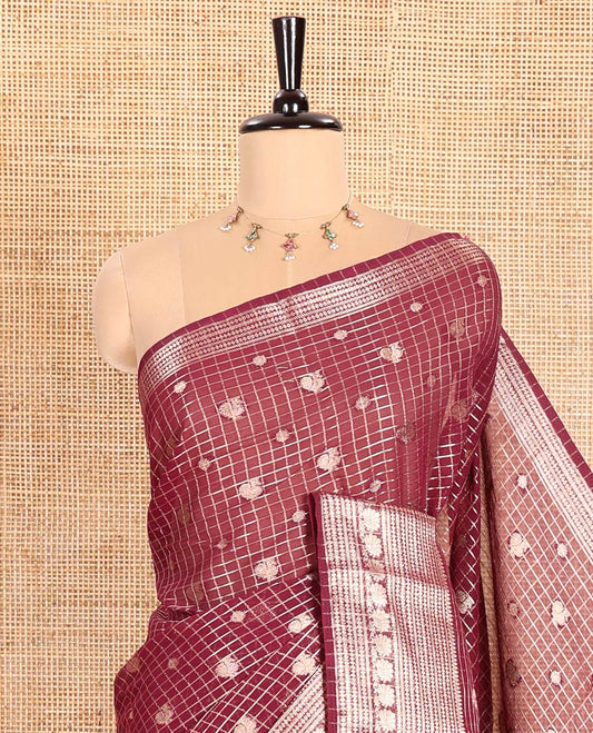 Purple Georgette Saree, Elevated with Peacock Buttas and Zari Checks All Over Its Body, Highlighted by a Traditional Zari Border, Grandly Zari-Decked Pallu, and Paired with a Matching Brocade Blouse