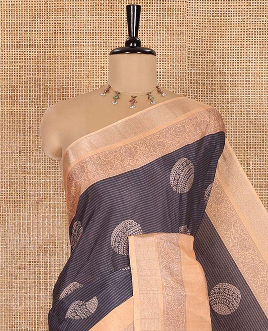 Grey Katan Silk Saree Elevated with Stripes and Round Buttas on Its Body, Complemented by a Contrast Border of Floral Creeper Designs, Geometric Patterned Pallu, and Paired with a Contrast Blouse