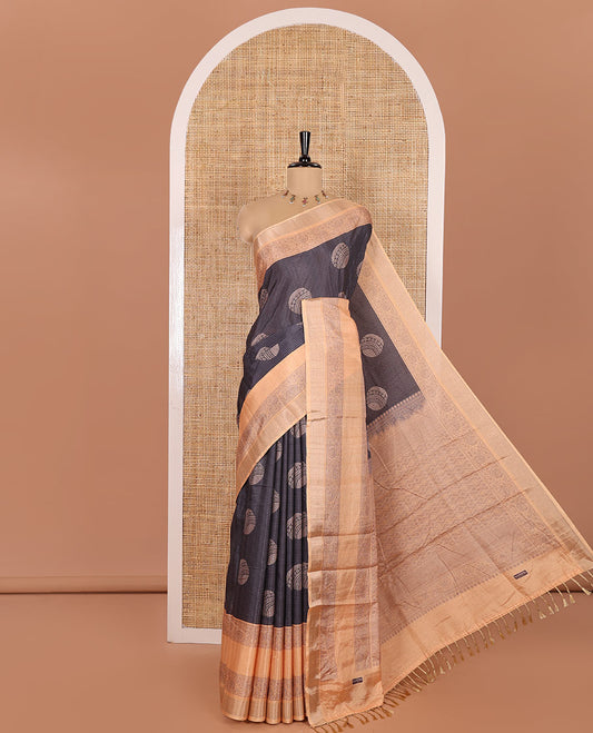 Grey Katan Silk Saree Elevated with Stripes and Round Buttas on Its Body, Complemented by a Contrast Border of Floral Creeper Designs, Geometric Patterned Pallu, and Paired with a Contrast Blouse