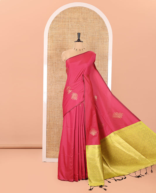 Borderless Rani Pink Semi-Soft Silk Saree, Decorated with Kolam Zari Buttas All Over Its Body, Complemented by a Contrast Grandly Woven Pallu of Jaal Designs, and Paired with a Contrast Blouse
