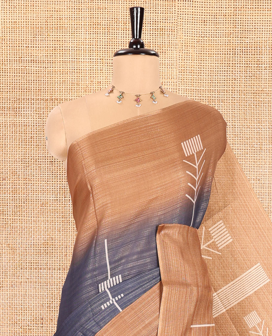 Dark Grey Tissue Saree, Entralled with Horizontal Stripes and Unique Motifs Printed All Over Its Body, Complemented by Contrast Printed Border, Pallu Depicts Geometric Patterns, and Paired with a Contrast Geometric Printed Blouse