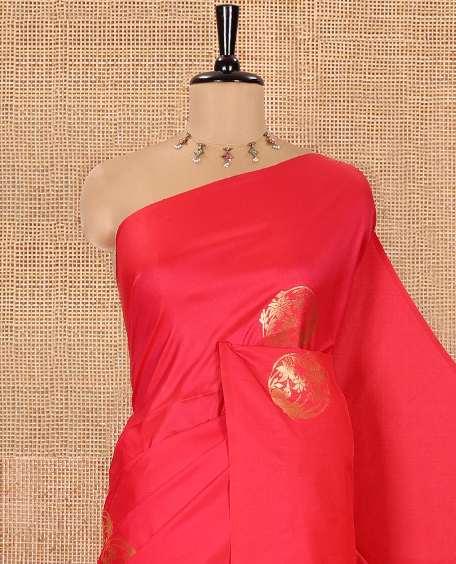 Borderless Rani Pink Semi-Soft Silk Saree Finely Woven with Bird-Floral Buttas All Over Its Body, Complemented by a Contrast Intricately Designed Pallu, and Paired with a Contrast Plain Blouse