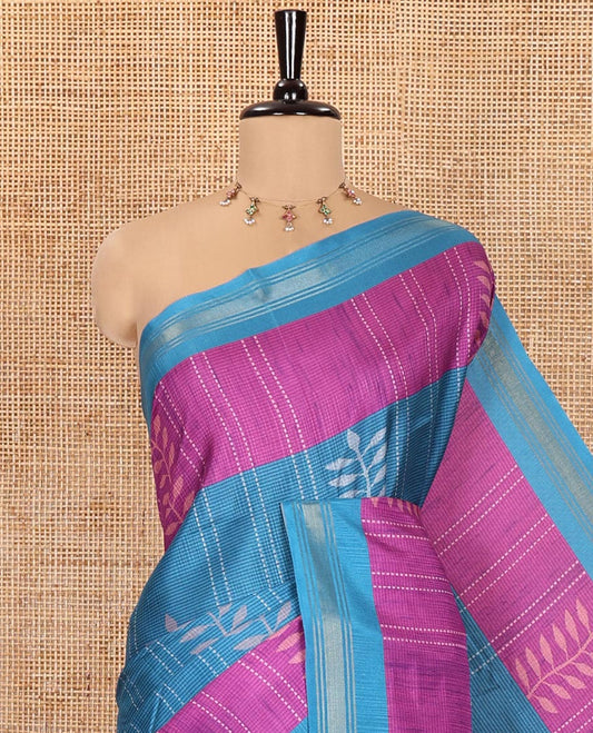 Blue Manipuri Silk Saree, Decked Up with Stripes and Leaf Buttas All Over Its Body, a Self-Subtle Border, Pallu Features Geometric Print, and Paired with a Matching Blouse