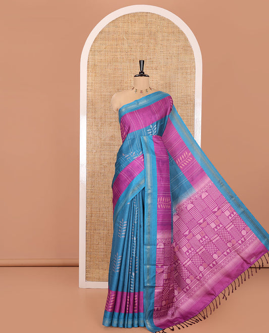 Blue Manipuri Silk Saree, Decked Up with Stripes and Leaf Buttas All Over Its Body, a Self-Subtle Border, Pallu Features Geometric Print, and Paired with a Matching Blouse