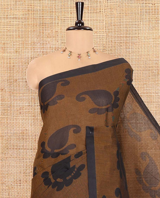 Borderless Black-Brown Coimbatore Cotton Saree, Adorned with Paisley Motifs Printed on Its Body, Pallu Intricately Printed with Geometric Motifs, and Paired with a Matching Blouse