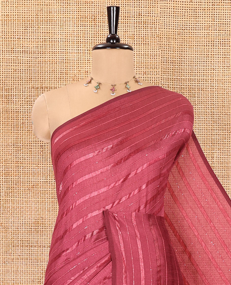 Borderless Onion Pink Vichitra Silk Saree, Embellished with Horizontal Stripes and Sequin Stripes, Paired with a Matching Blouse