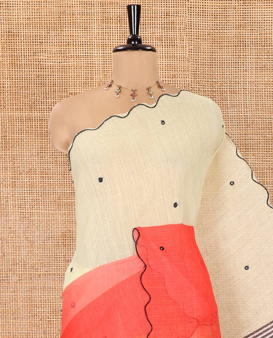 Pale Yellow-Tomato Red Linen Cotton Saree, Accentuated with Ombre-Style Dyed with Mirror Work Across Its Body, Subtly Sparkled Scallop Thread Border, Pallu Steeped with Stripes and Mirror Work, and Paired with a Contrast Vertical Stripes Printed Blouse