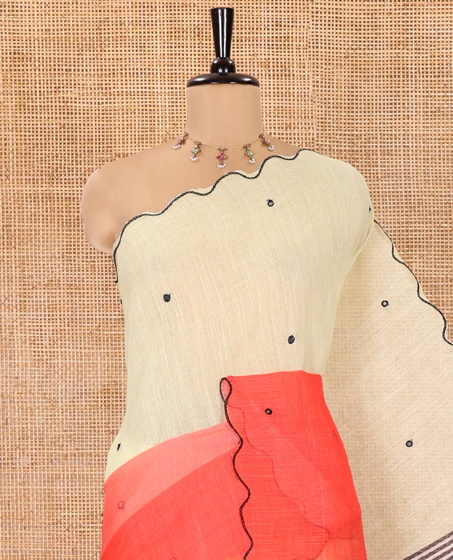 Pale Yellow-Tomato Red Linen Cotton Saree, Accentuated with Ombre-Style Dyed with Mirror Work Across Its Body, Subtly Sparkled Scallop Thread Border, Pallu Steeped with Stripes and Mirror Work, and Paired with a Contrast Vertical Stripes Printed Blouse