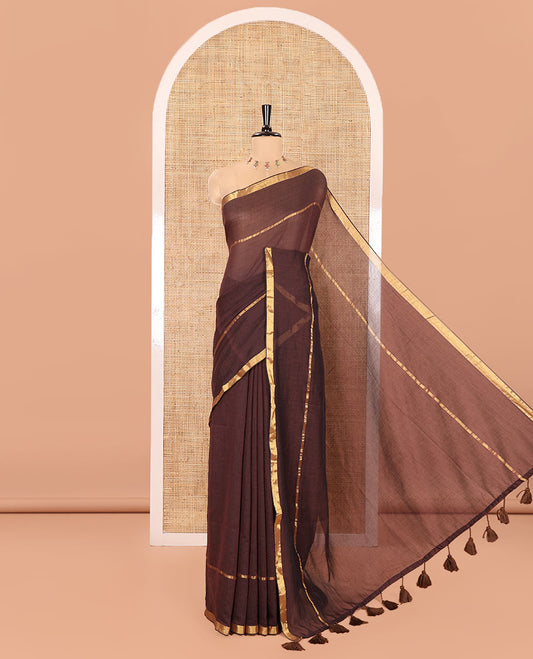 Brown Plain Khadi Mul Cotton Saree, Subtly Sparkled with Zari Border, Self-Pallu, and Paired with a Matching Blouse