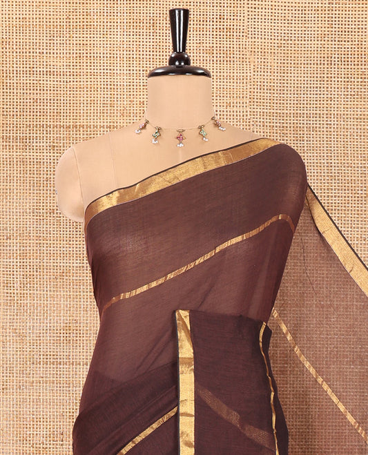 Brown Plain Khadi Mul Cotton Saree, Subtly Sparkled with Zari Border, Self-Pallu, and Paired with a Matching Blouse
