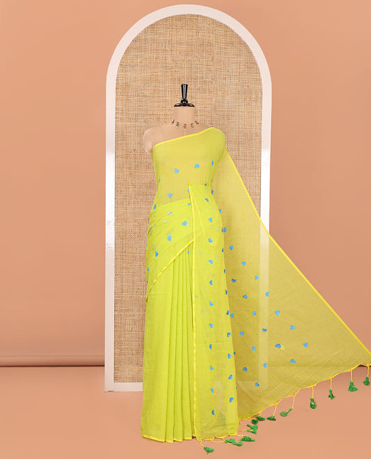 Borderless Parrot Green Khadi Mul Cotton Saree, Artfully Designed with Heart Motifs Embroidery Across Its Body, Pallu mirrors the Same Design, and Paired with a Matching Blouse