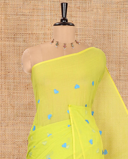 Borderless Parrot Green Khadi Mul Cotton Saree, Artfully Designed with Heart Motifs Embroidery Across Its Body, Pallu mirrors the Same Design, and Paired with a Matching Blouse