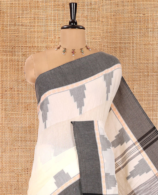 Off-white Plain Khadi Mul Cotton Saree, Complemented by a Contrast Temple Border, Textured Pallu of Temple Designs, and Paired with a Matching Blouse