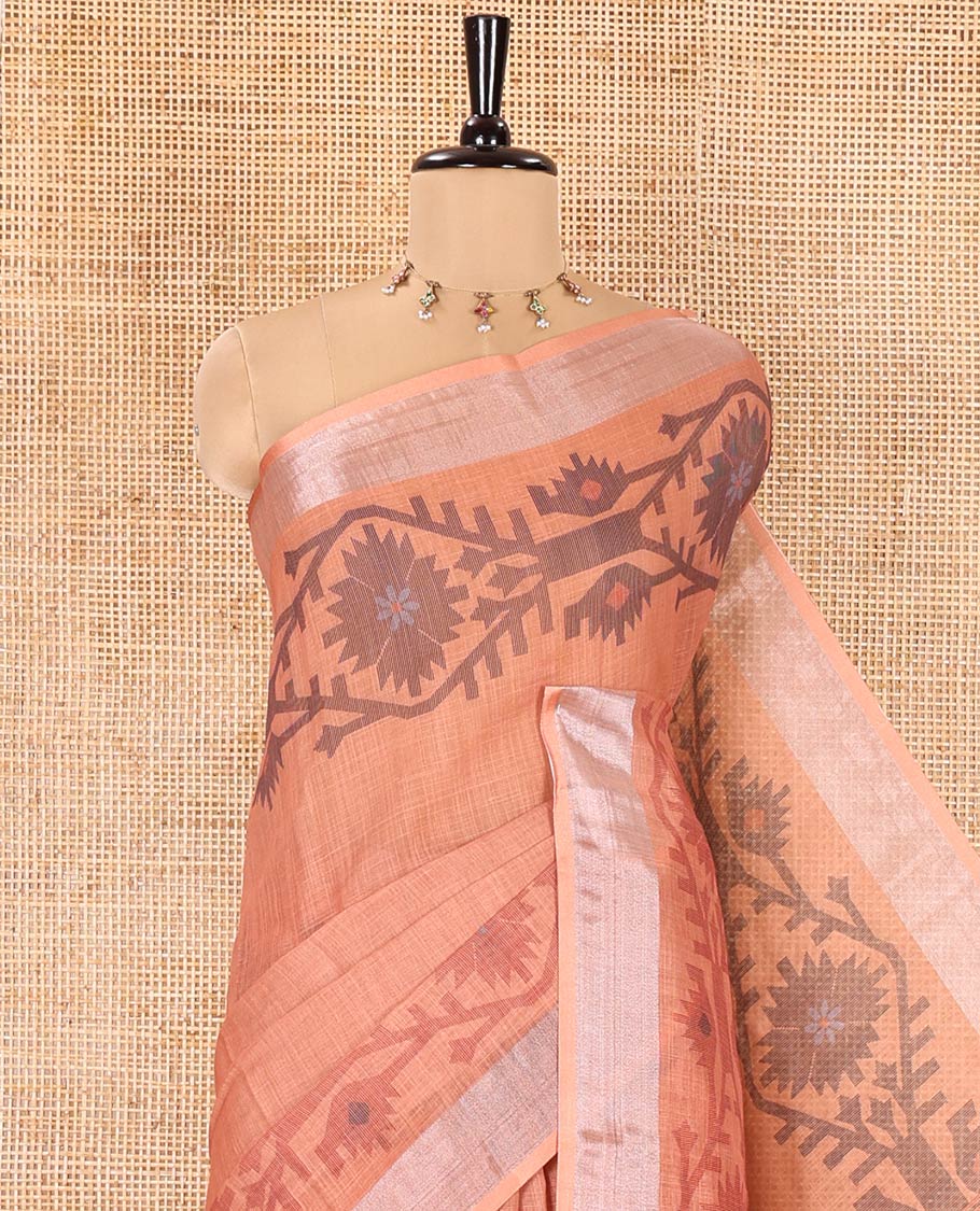 Rust Plain Linen Cotton Saree, Subtly Sparkled Zari Border of Jamdani-Style Leaf-Floral Designs, Pallu Depicting Jamdani-Style Designs, and Paired with a Matching Blouse