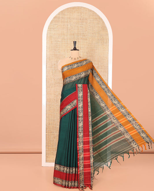Green Plain Mercerised Cotton Saree, Complemented by a Contrast Ganga-Jamuna Rettai Pettu Thread Border of Temple, Elephant, and Chakram Designs, Subtly Striped Pallu, and Paired with a Matching Blouse