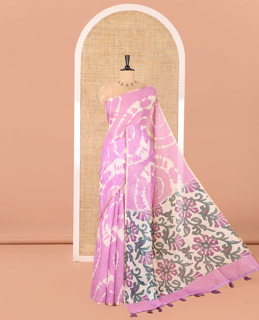 Borderless Lavender Linen Cotton Saree, Elevated with Shibori Printed on Its Body, Complemented by Contrast Floral Printed Pallu, and Paired with a Contrast Floral Printed Blouse