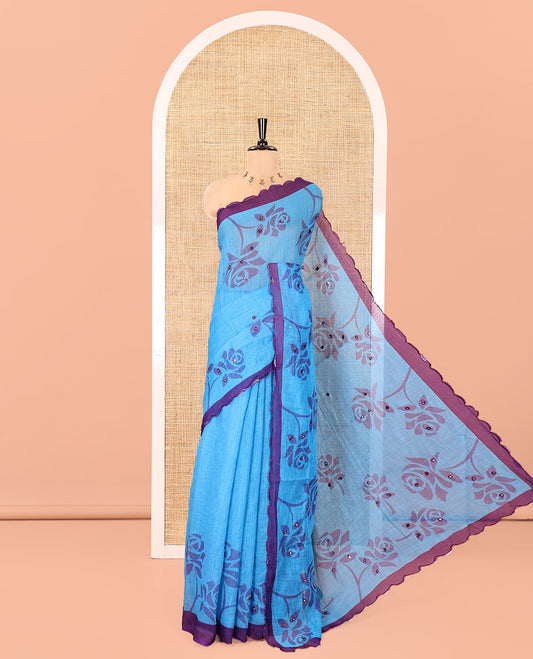 Blue Linen Cotton Saree, Bedecked with Floral Print and Mirror Work on Its Body, Complemented by Contrast Scallop Border, Pallu of Print and Mirror Work, and Paired with a Matching Blouse