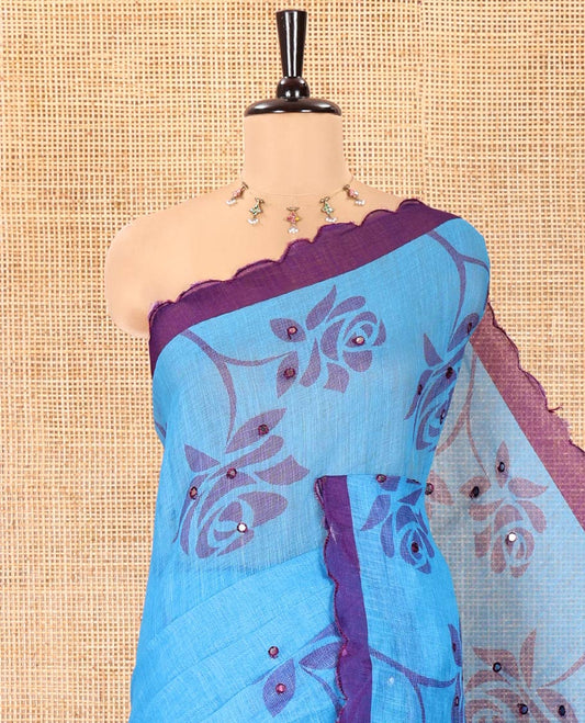 Blue Linen Cotton Saree, Bedecked with Floral Print and Mirror Work on Its Body, Complemented by Contrast Scallop Border, Pallu of Print and Mirror Work, and Paired with a Matching Blouse