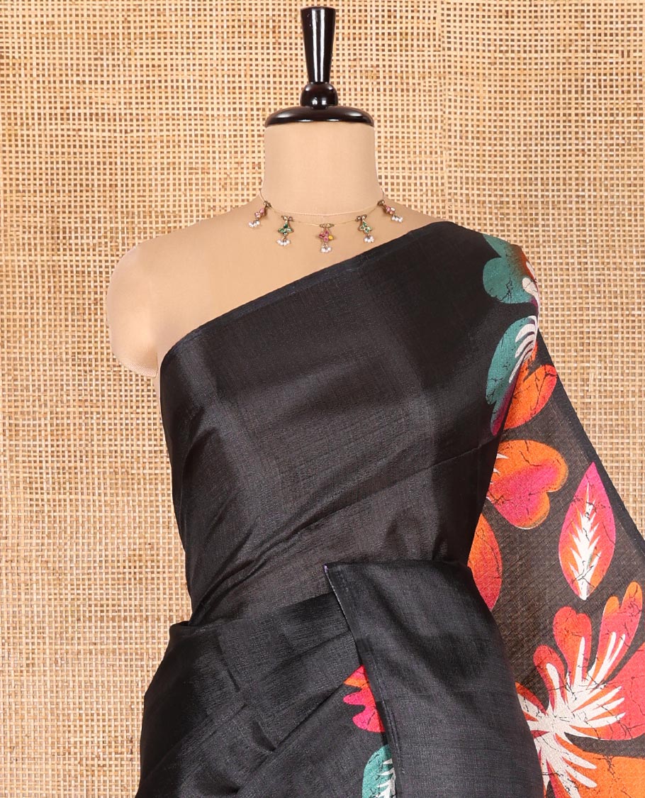 Borderless Black and Pink Khadi Cotton Saree, Colorful Decked Up with Flower Motifs Print on Body and Pallu, and Paired with a Plain Blouse