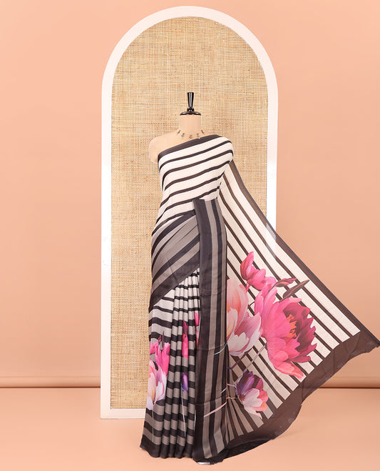 Cream and Grey Satin Crepe Saree, Enlivened With 2D Stripes and Floral Print All Over Its Body, Pallu Depicting Tulip Floral Print and Paired with a Printed Blouse