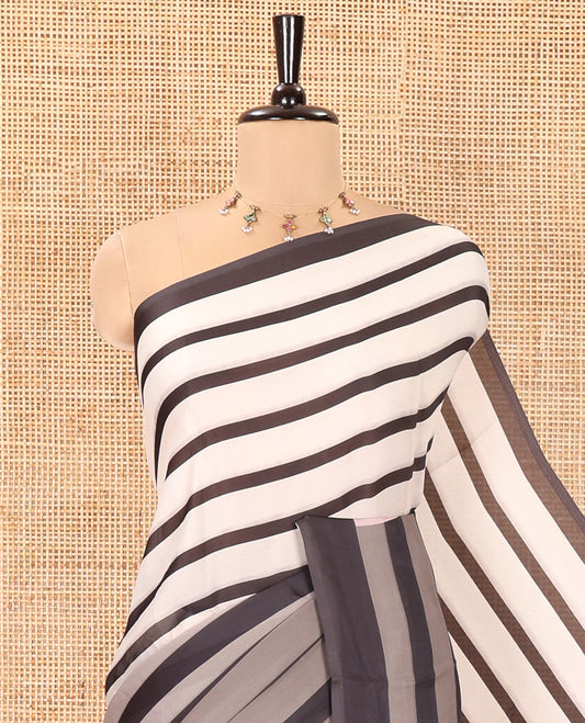 Cream and Grey Satin Crepe Saree, Enlivened With 2D Stripes and Floral Print All Over Its Body, Pallu Depicting Tulip Floral Print and Paired with a Printed Blouse