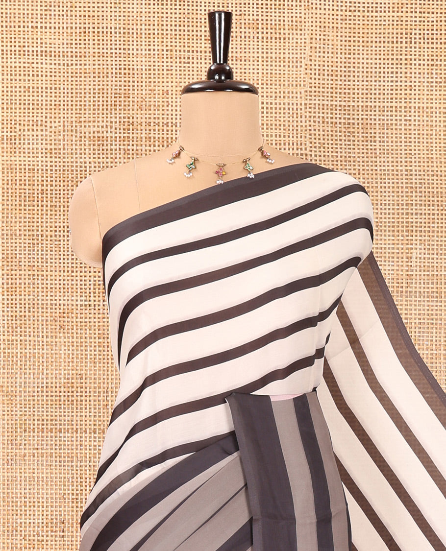 Cream and Grey Satin Crepe Saree, Enlivened With 2D Stripes and Floral Print All Over Its Body, Pallu Depicting Tulip Floral Print and Paired with a Printed Blouse