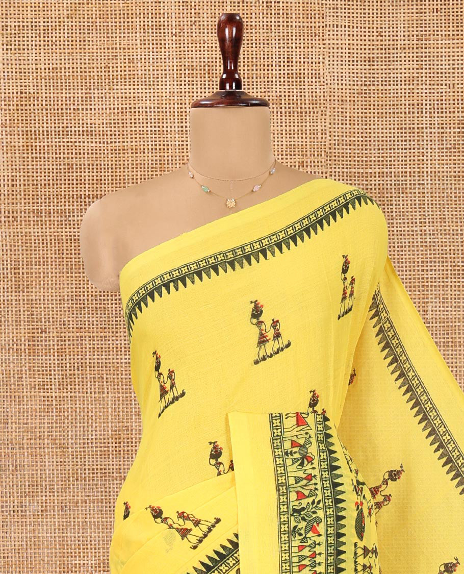 Yellow Khadi Mul Cotton Saree, Artfully Printed with Warli Motifs All Over Its Body, Highlighted by a Self-Border of Warli Print, Pallu of Warli Print, and Paired with a Matching Blouse