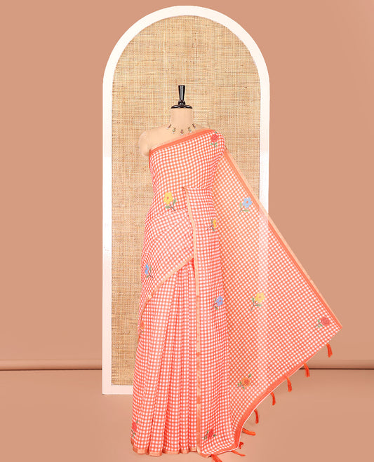 Orange Linen Cotton Saree, Decked up with Micro-Checks and Floral Motifs on Its Body, Subtle Piping Border, a Self-Pallu, and Paired with a Rose Floral Printed Blouse