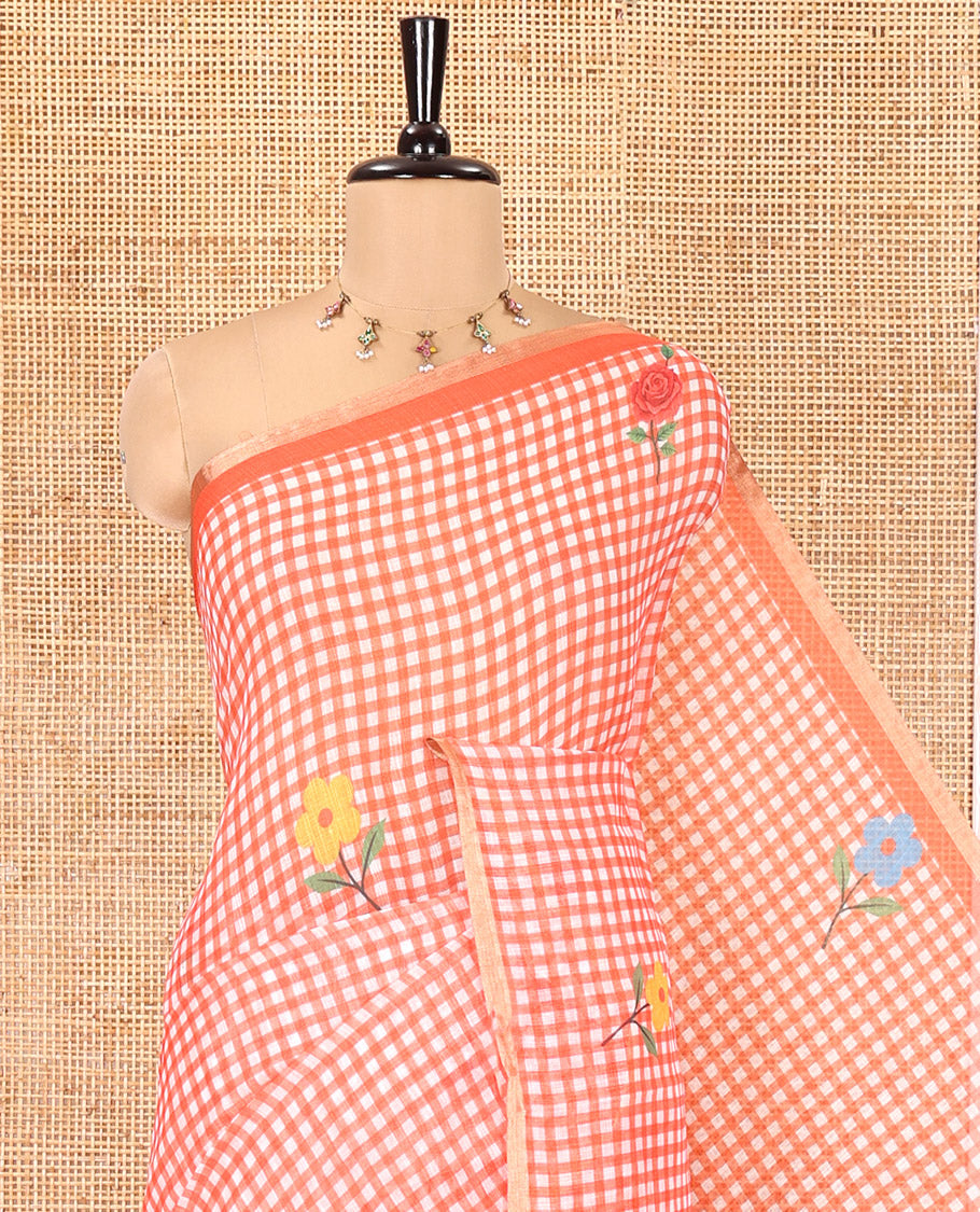 Orange Linen Cotton Saree, Decked up with Micro-Checks and Floral Motifs on Its Body, Subtle Piping Border, a Self-Pallu, and Paired with a Rose Floral Printed Blouse