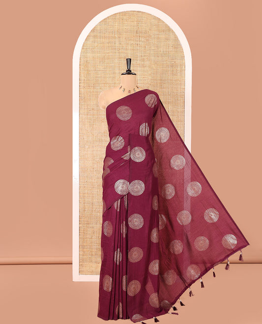 Borderless Purple Vichitra Saree Features Rangoli-Style Round Buttas Foil Print and a Contrast Sequins Embroidered Blouse