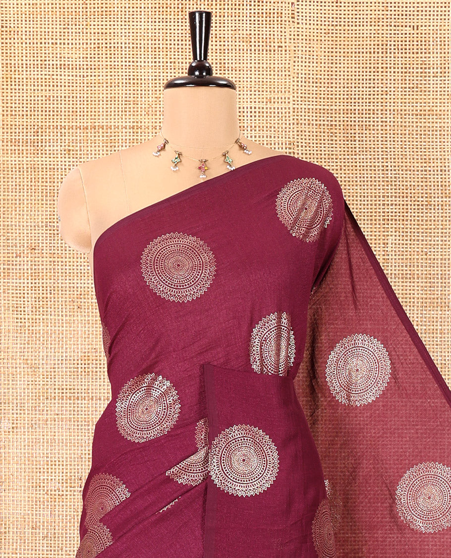 Borderless Purple Vichitra Saree Features Rangoli-Style Round Buttas Foil Print and a Contrast Sequins Embroidered Blouse