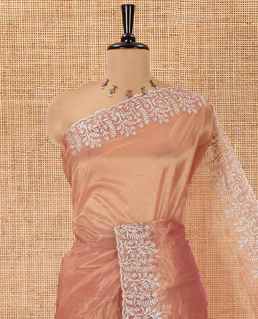 Onion Pink Twill Net Saree, Gleamed Up with Stone Work, Highlighted by a Scallop Embroidered Border, and Paired with a Matching Blouse