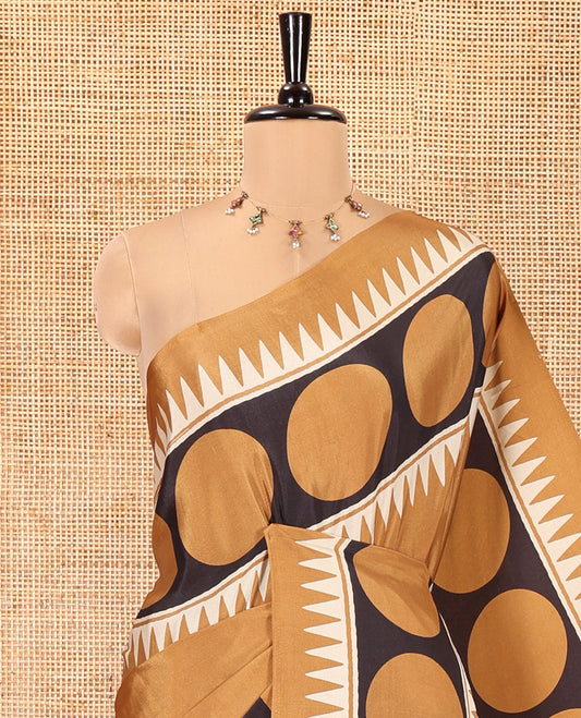 Mustard Satin Crepe Saree, Adorned with Polka Dot and Temple Buttas on Its Body, Highlighted by a Zari Border, Pallu Steeped with Floral Designs, and Paired with a Matching Blouse