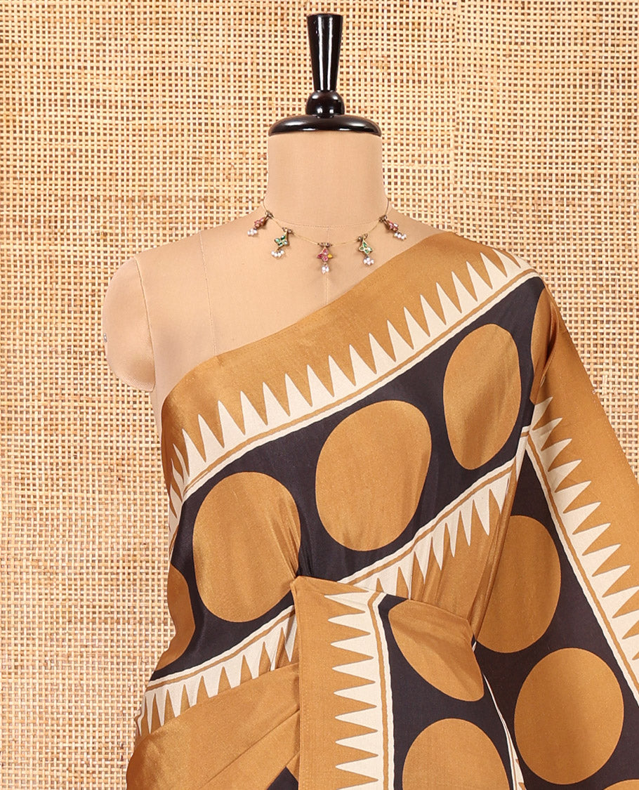 Mustard Satin Crepe Saree, Adorned with Polka Dot and Temple Buttas on Its Body, Highlighted by a Zari Border, Pallu Steeped with Floral Designs, and Paired with a Matching Blouse