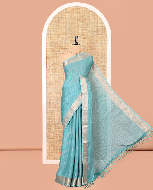 Blue Moss Chiffon Saree, Gleamed Up with Vertical Stripes, a Zari Paisley-Diamond Border, and a Matching Blouse