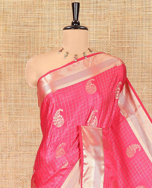 Rani Pink Satin Silk Saree, Enriched with Paisleys and Zari Checked Design on Its Body, Highlighted by Zari Traditional Design Border, Floral Jaal Pallu, and Paired with a Matching Blouse