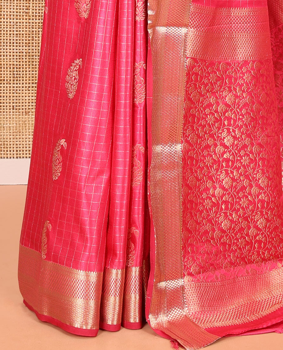 Rani Pink Satin Silk Saree, Enriched with Paisleys and Zari Checked Design on Its Body, Highlighted by Zari Traditional Design Border, Floral Jaal Pallu, and Paired with a Matching Blouse